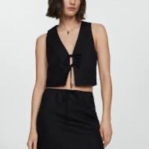 NWT Mango black linen blend cropped sleeveless vest top w/ tie closure small